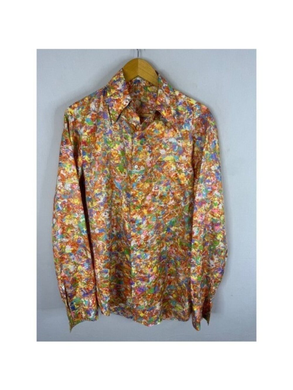 Vintage 70s Psychedelic DIsco Men M Abstract Floral Button Shirt Long Sleeve